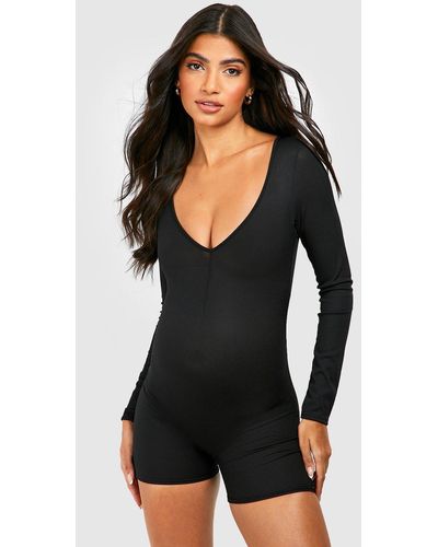 Boohoo Maternity Basic Long Sleeve Contour Rib Unitard - Black