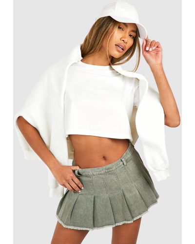 Boohoo Fray Edge Pleated Micro Mini Denim Tennis Skirt - White