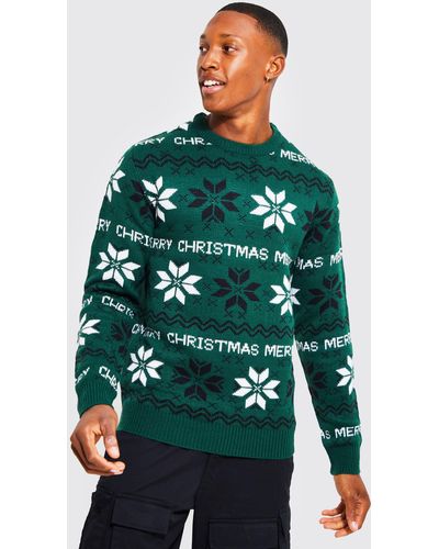 BoohooMAN Merry Christmas Fairisle Sweater - Green