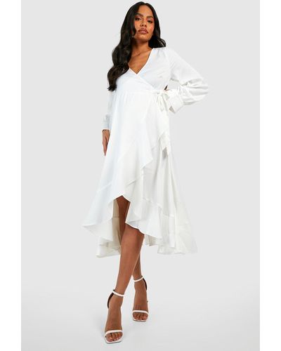 Boohoo Maternity Occasion Satin Ruffle Hem Wrap Midi Dress - White