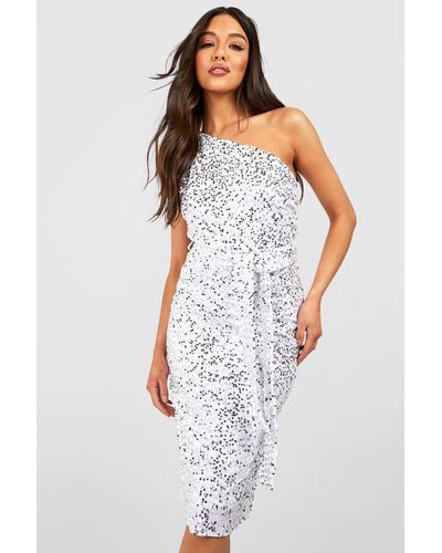 Boohoo Velvet Sequin Asymmetric Belted Midi Party Dress - White