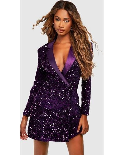 Boohoo Velvet Sequin Wrap Blazer Party Dress - Purple