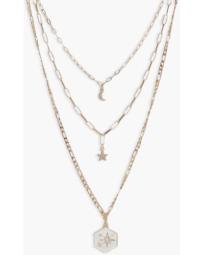 Boohoo North Star And Moon Triple Row Necklace - White