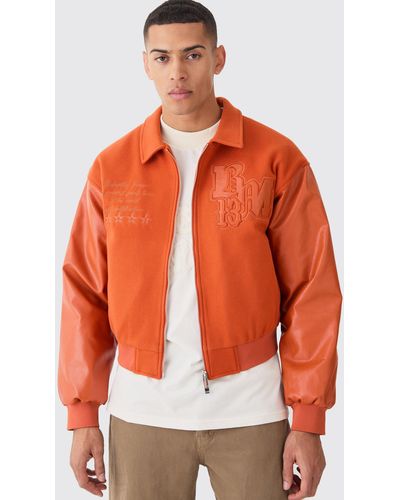 BoohooMAN Boxy Melton & Pu Collared Varsity Jacket - Orange