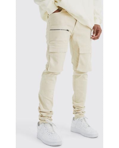 BoohooMAN Fixed Waist Skinny Stacked Zip Cargo Trouser - Natural