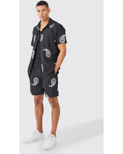 BoohooMAN Oversized Soft Twill Paisley Embroidered Shirt And Short - Schwarz