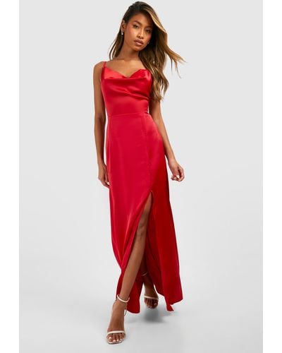Boohoo Satin Slip Side Split Maxi Dress - Red