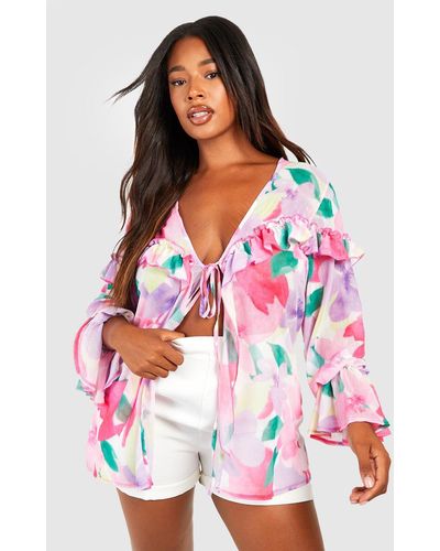 Boohoo Plus Pastel Floral Ruffle Detail Tie Front Blouse - Red