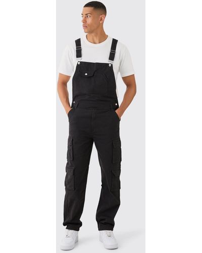 BoohooMAN Washed Twill Multi Cargo Pocket Relaxed Fit Dungarees - Blue