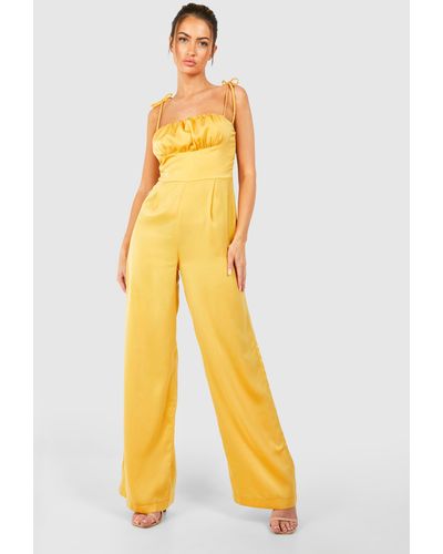 Boohoo Tie Strap Ruched Jumpsuit - Yellow