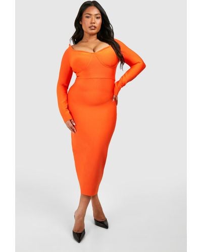 Boohoo Plus Bandage Off Shoulder Long Sleeve Midaxi Dress - Orange
