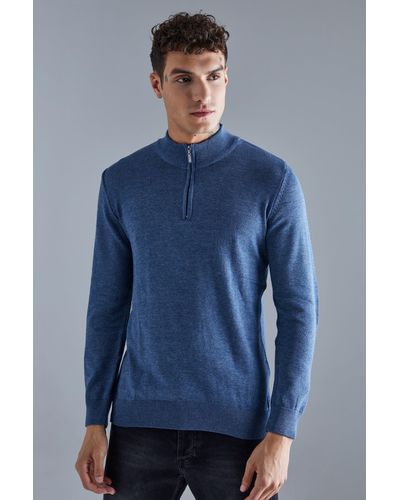 Boohoo Half Zip Extended Neck Knit Sweater - Blue