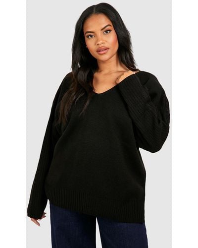 Boohoo Plus V Neck V Back Oversized Sweater - Black