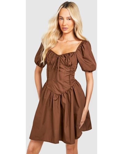 Boohoo Tall Woven Puff Sleeve Milkmaid Mini Dress - Brown