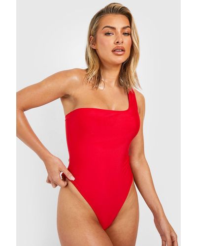 Boohoo One Shoulder Asymmetric Bathing Suit - Red