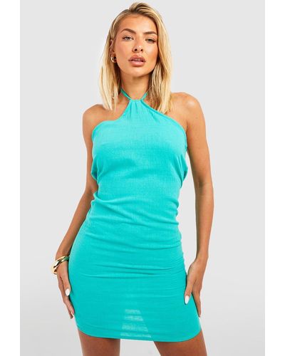 Boohoo Linen Look Halterneck Beach Mini Dress - Blue