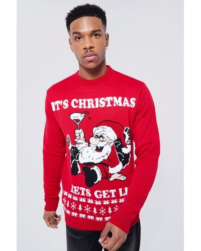 BoohooMAN Lets Get Lit Christmas Sweater - Red