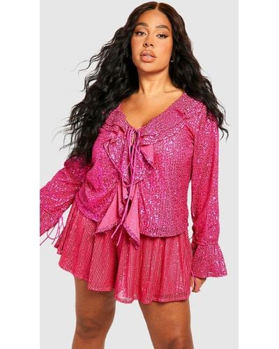 Boohoo Plus Sequin Ruffle Tie Front Blouse - Pink