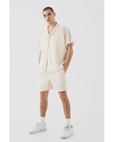 Boohoo Short Sleeve Boxy Linen Shirt & Short - Neutro