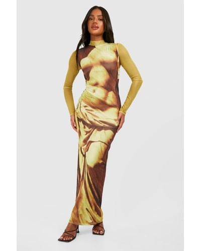 Boohoo Body Print Mesh Long Sleeve Maxi Dress - Metallic