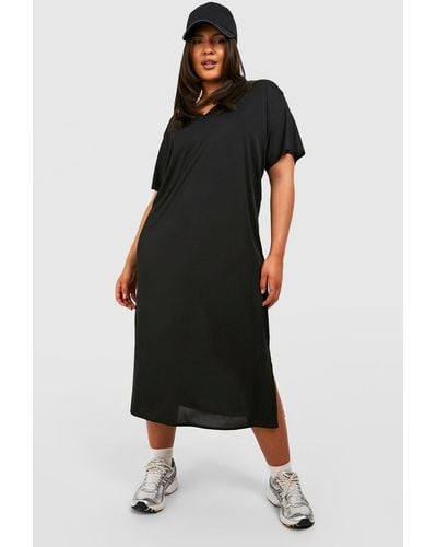 Boohoo Plus Rib V Neck Split Midi T-shirt Dress - Black