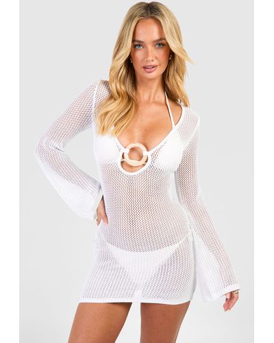 Boohoo Crochet O-ring Plunge Beach Mini Dress - White