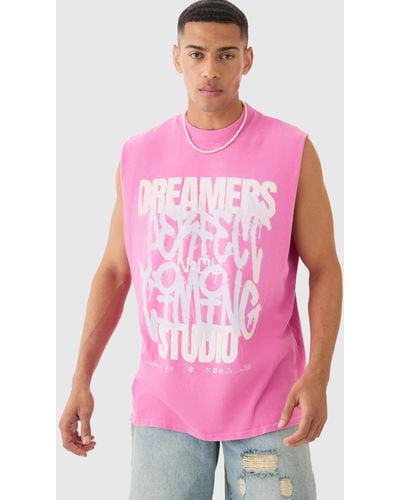BoohooMAN Oversized Dreamers Graffiti Printed Wash Tank - Pink