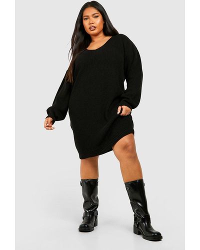 Boohoo Plus V Neck Sweater Mini Dress - Black