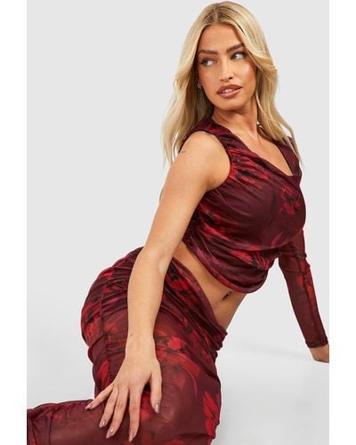Boohoo Floral Mesh Ruched One Shoulder Top - Red