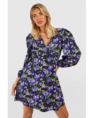 Boohoo Floral Rouched Blouson Sleeve Smock Dress - Blue