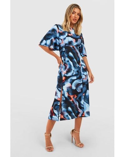 Boohoo Abstract Print Midi Dress - Blue