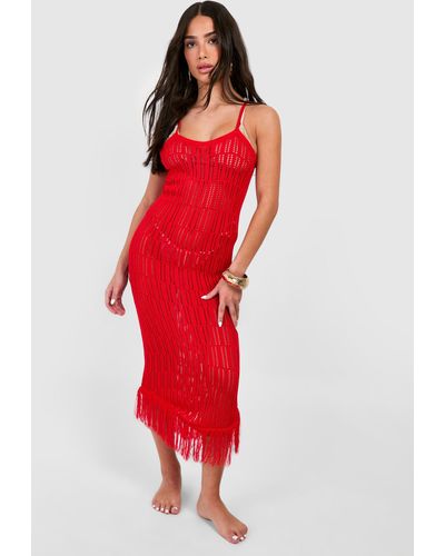 Boohoo Petite Crochet Frayed Hem Beach Dress - Red