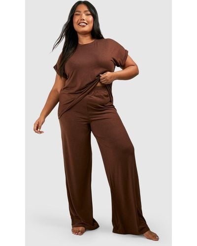 Boohoo Plus Super Soft Oversized Top & Trouser Lounge Set - Brown