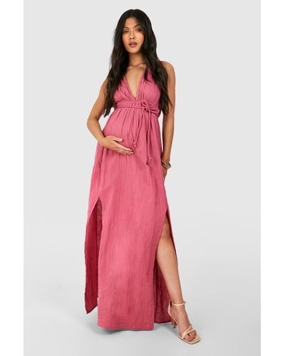 Boohoo Maternity Belted Cheesecloth Maxi Dress - Red