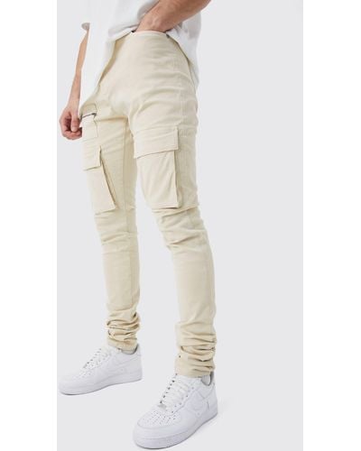 BoohooMAN Tall Fixed Waist Skinny Stacked Zip Cargo Trouser - White