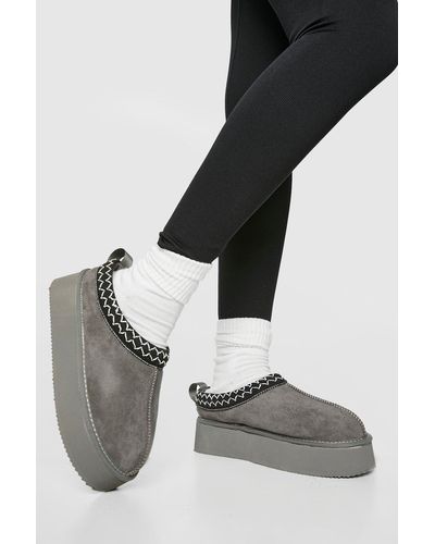 Boohoo Embroidered Detailing Platform Slip On Cozy Mules - Gray