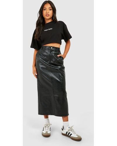Boohoo Petite Croc Faux Leather Split Midaxi Skirt - Black