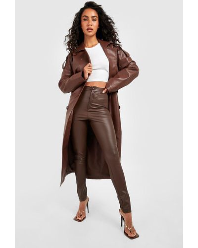 Boohoo High Waisted Matte Leather Look Skinny Pants - Brown