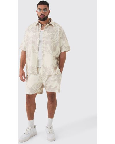 Boohoo Plus Abstract Printed Oversized Short Sleeve Pleated Shirt & Short Set - Natural