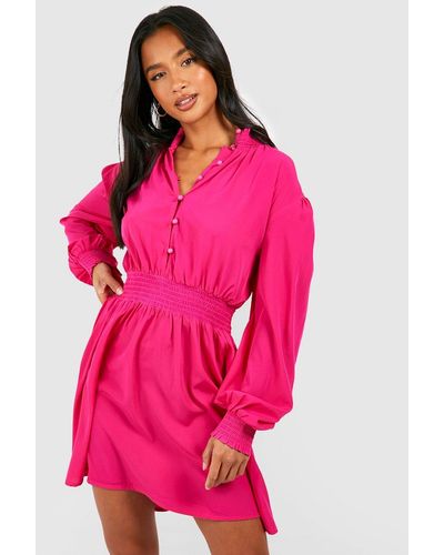 Boohoo Petite High Neck Smock Skater Dress - Pink