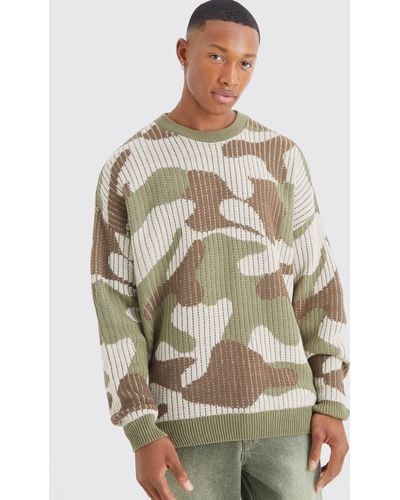 BoohooMAN Oversized Ribbed Camo Knited Sweater - Green