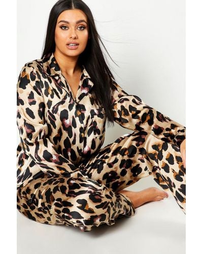 Boohoo Plus Leopard Print Satin Shirt & Pants Pyjama Set - Multicolour