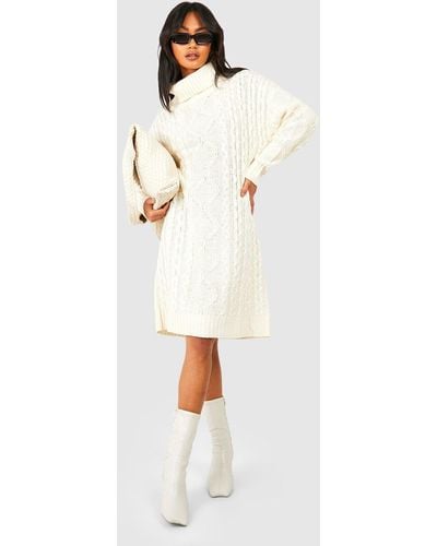 Boohoo Chunky Oversized Roll Neck Sweater Dress - White