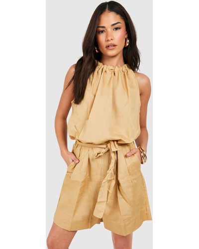 Boohoo Petite Belted Halter Linen Romper - Natural