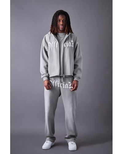 BoohooMAN Oversized Zip Through Washed Puff Print Tracksuit - Gray