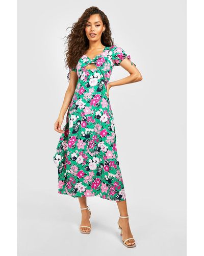 Boohoo Floral Twist Midi Dress - White