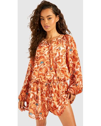 Boohoo Printed Dobby Long Sleeve Button Front Romper - Orange