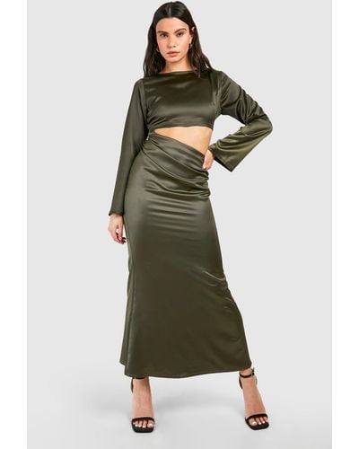 Boohoo Satin Cut Out Long Sleeve Maxi Dress - Green