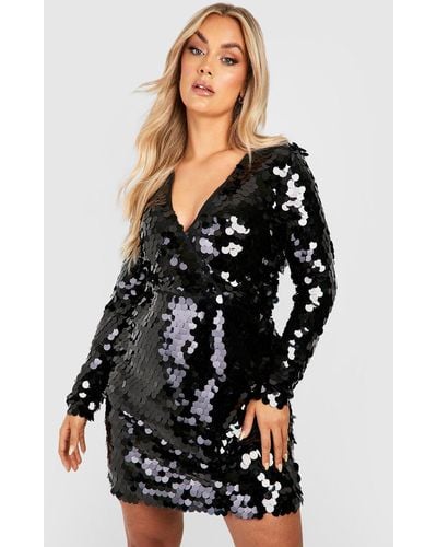 Boohoo Plus Disco Sequin Wrap Shift Dress - Black