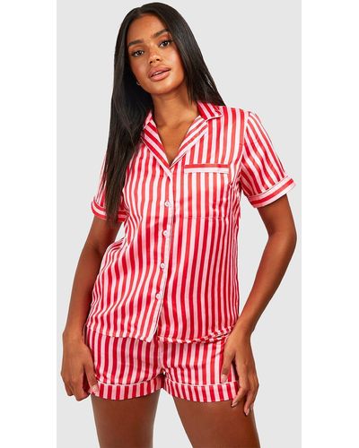 Boohoo Candy Stripe Satin Pajama Shirt & Short Set - Red